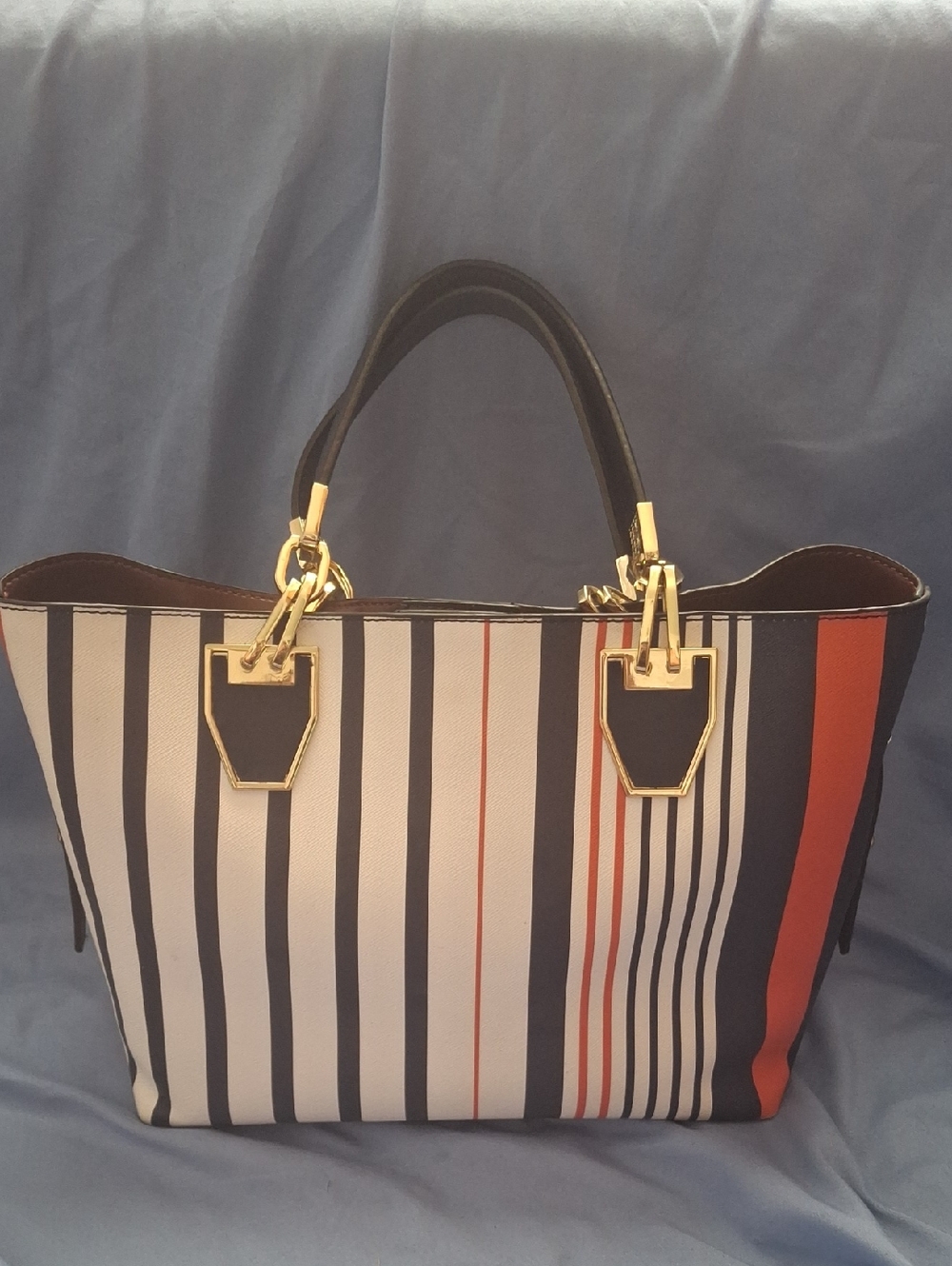 Striped Tote Bag in Navy, White & Orange with Gold Hardware